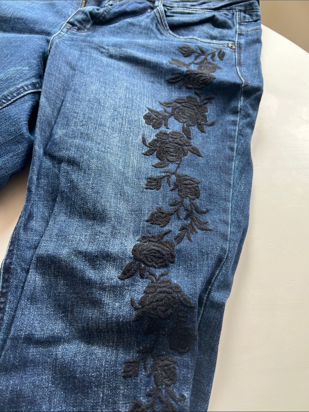 Mac and Me Women's Dark Blue Jeans with Black Floral Embroidery